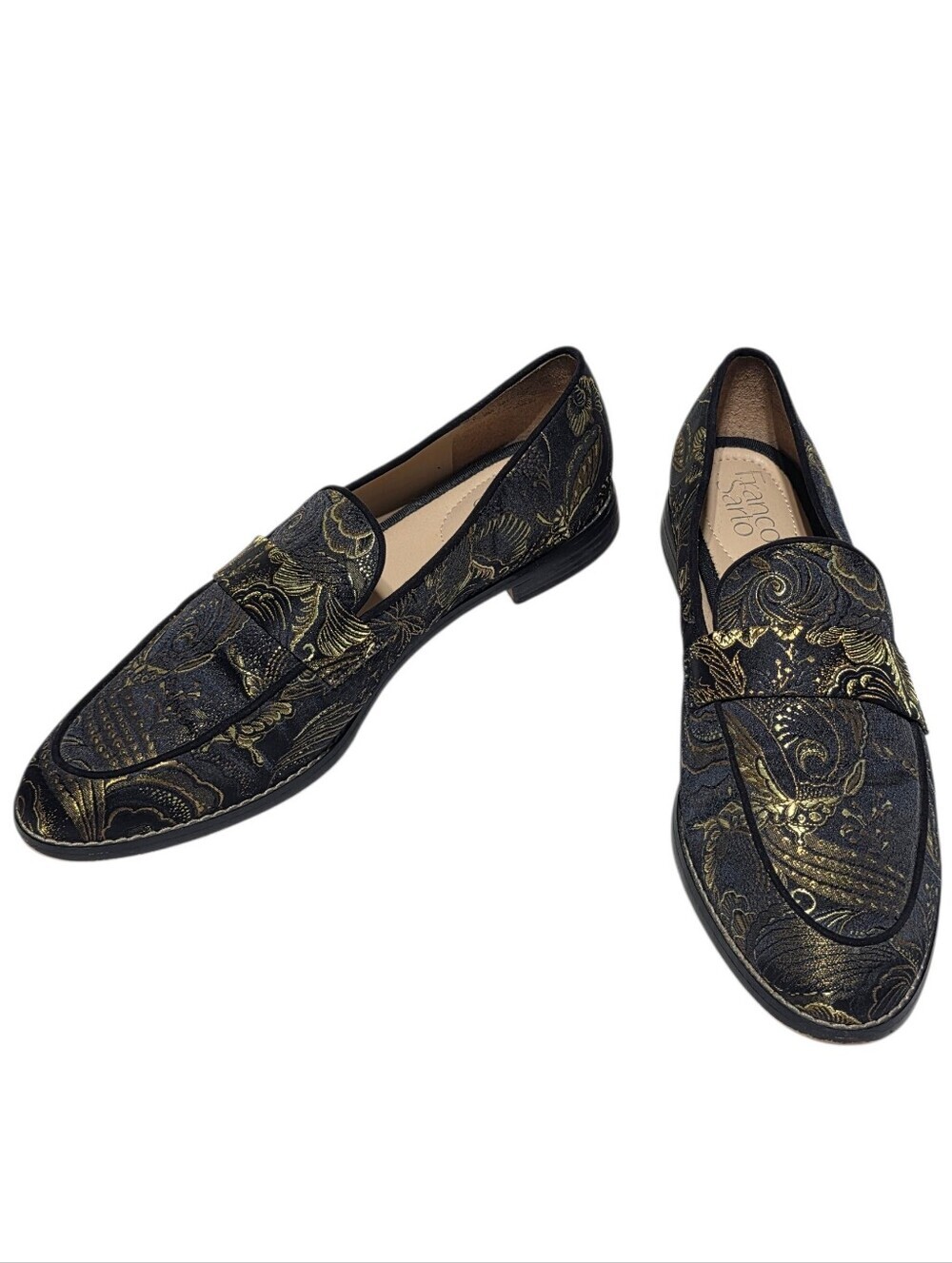 EUC FRANCO SARTO HURLEY TAPESTRY LOAFERS BLACK & GOLD BROCADE SLIP-ON FLATS SZ9 - Picture 3 of 12